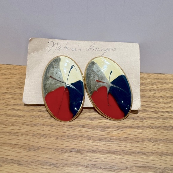 Vintage brass with enamel Abstract Oval Earrings in Red, Blue, and Cream - Picture 1 of 6